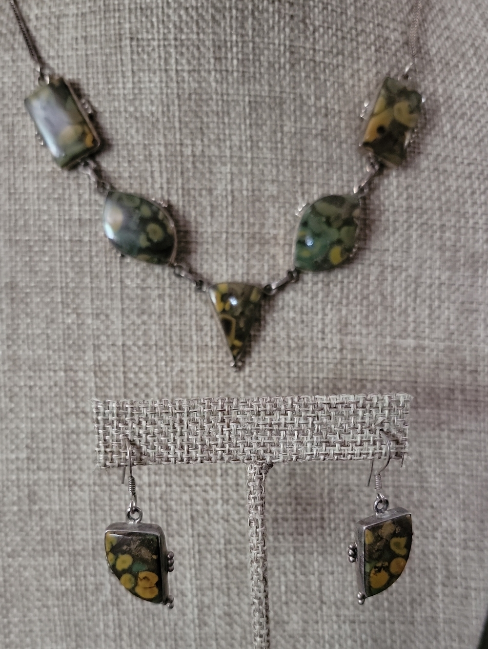 Artisan Green and Yellow Jasper Necklace with Matching Earrings